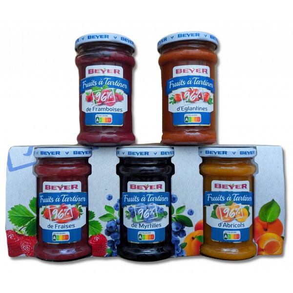 Beyer assortiment van 5 verschillende smaken Jam 96% fruit, Keto dieet, Samenwerking met CEED Diabetes studies, Aardbeien, Framboos, Abrikoos, Rozebottel, Bosbes. Diabetes, Suiker arm